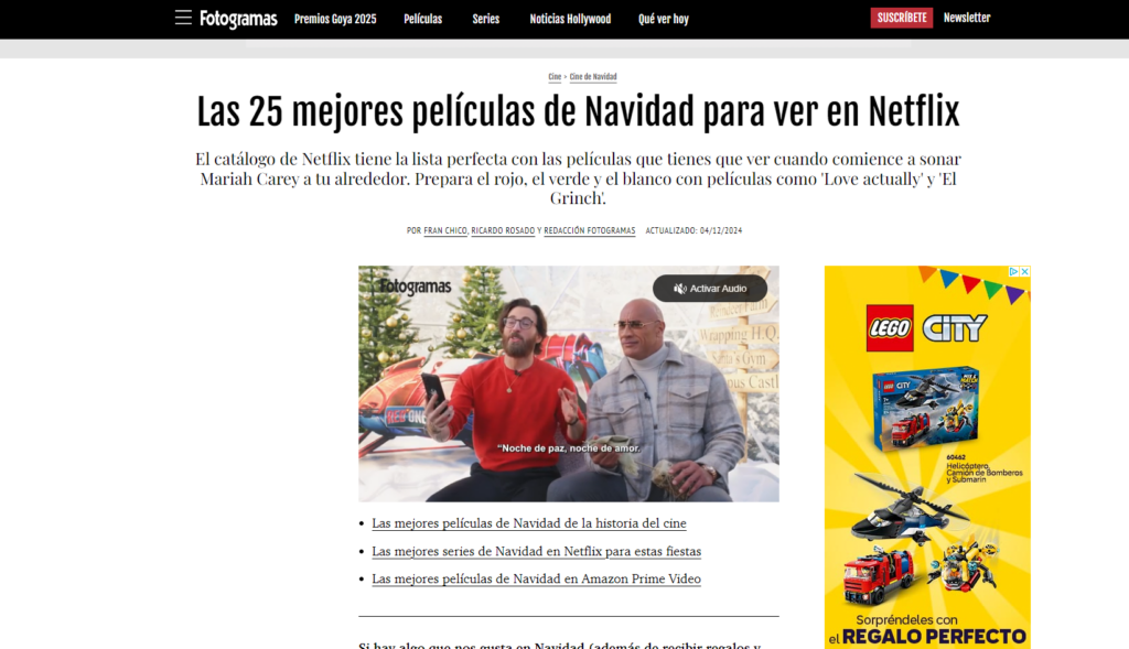Artículo de Fotogramas sobre "Las 25 mejores películas de Navidad para ver en Netflix".