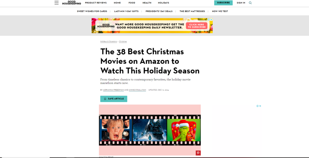 Artículo de Good Housekeeping 'The 38 Best Christmas Movies on Amazon to Watch This Holiday Season'