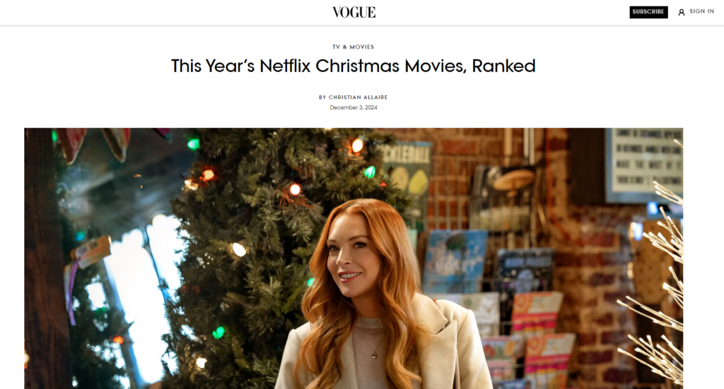 Artículo de Vogue "This Year’s Netflix Christmas Movies, Ranked"