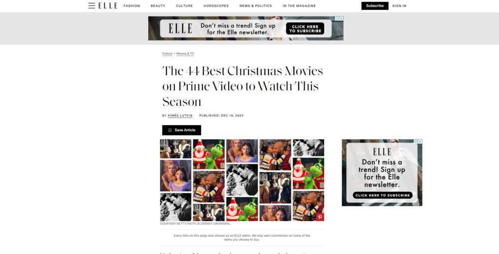 Artículo de Elle 'The 44 Best Christmas Movies on Prime Video to Watch This Season'