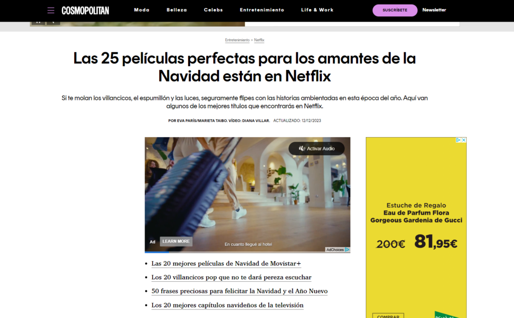 Artículo de Cosmopolitan sobre"Las 25 películas perfectas para los amantes de la Navidad están en Netflix"