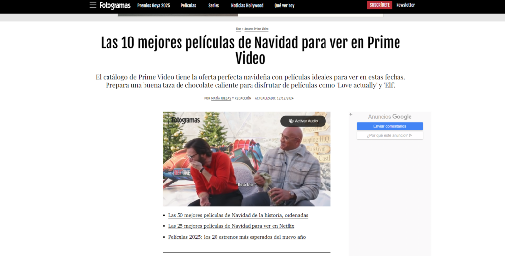 Artículo de Fotogramas 'Las 10 mejores películas de Navidad para ver en Prime Video'
