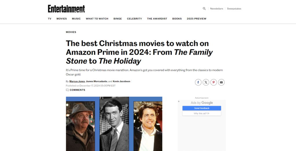 Artículo de Entertainment Weekly 'The best Christmas movies to watch on Amazon Prime in 2024: From The Family Stone to The Holiday'