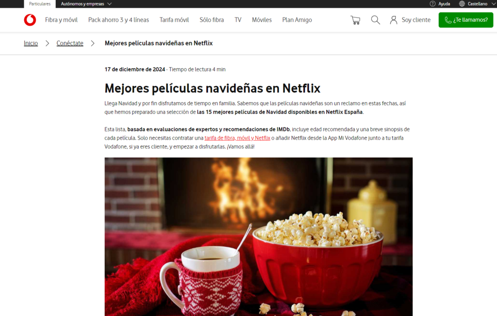 Artículo de Vodafone España sobre "Mejores películas navideñas en Netflix"