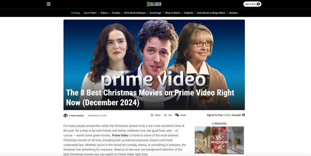 Artículo de Collider 'The 8 Best Christmas Movies on Prime Video Right Now (December 2024)'