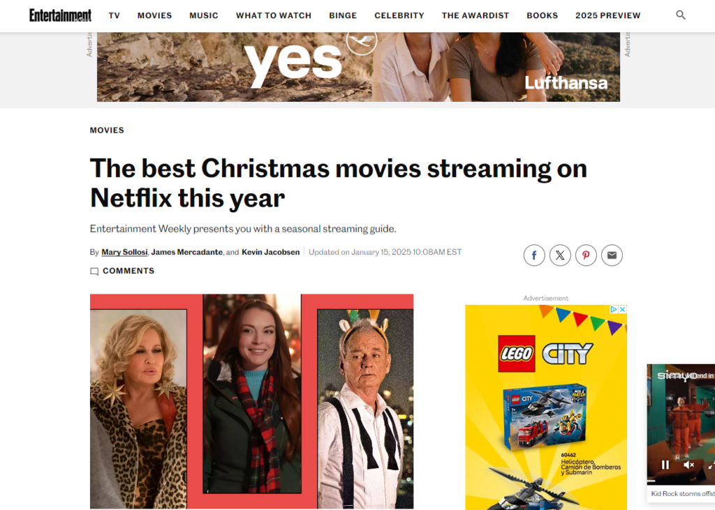Artículo de Entertainment Weekly "The best Christmas movies streaming on Netflix this year"