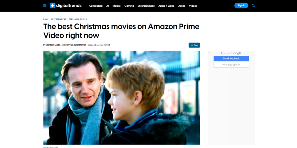 Artículo de Digital Trends 'The best Christmas movies on Amazon Prime Video right now'