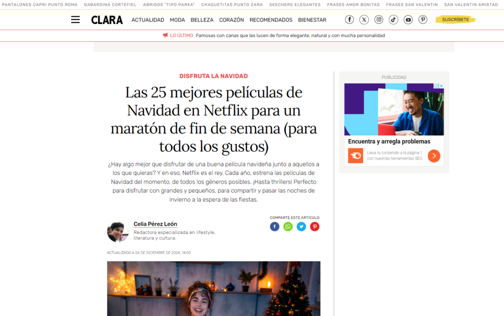 Articulo de Clara "Las 25 mejores películas de Navidad en Netflix para un maratón de fin de semana"